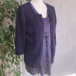 ANN TAYLOR purple button down cardigan & APT 9 paisley purple blouse top size PL